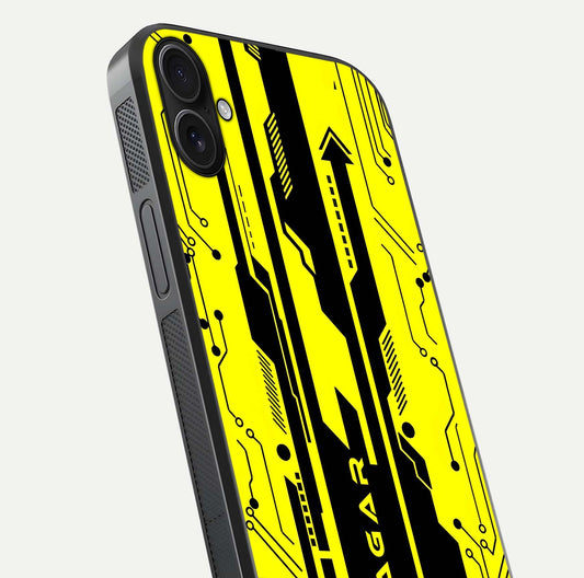 Electric Pulse CYBERPUNK Custom Name Glass Case for iPhone 16 Plus close-up highlighting tech pattern, lighting effect, and reflection shine