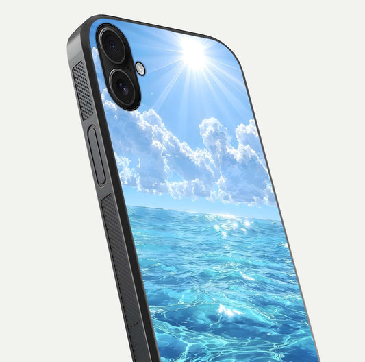 Endless Ocean Horizon Glass Case for iPhone 16 Plus close-up highlighting water texture and reflection shine