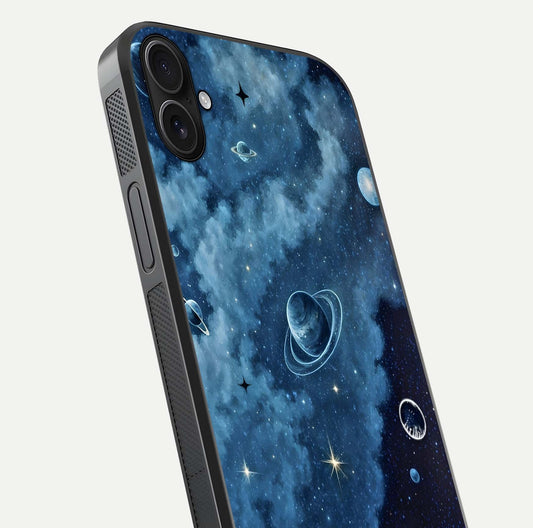 Galaxy Dream Space Glass Case for iPhone 16 Plus close-up angled shot highlighting nebula details and reflection shine
