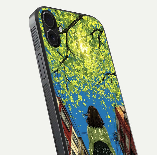 Golden Leaves Glow Glass Case for iPhone 16 Plus close-up angled shot showing fine leaf texture and reflection shine
