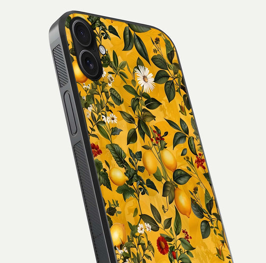 Golden Lemon Field Glass Case for iPhone 16 Plus close-up angled shot showing citrus texture and reflection brilliance