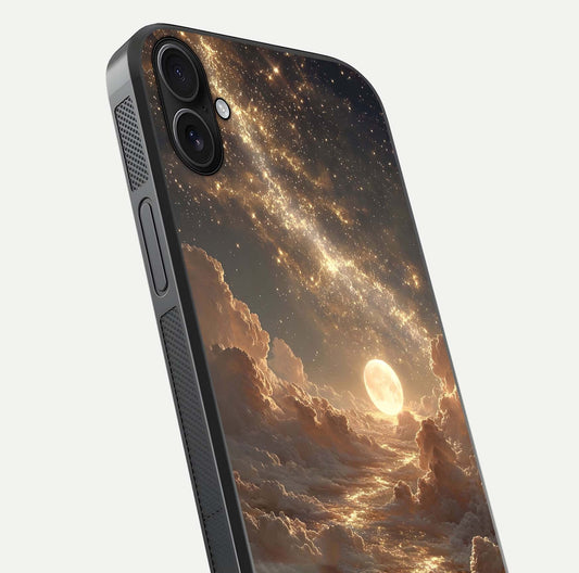 Golden Sky Dream Glass Case for iPhone 16 Plus close-up angled shot showing gradient tones and reflection polish