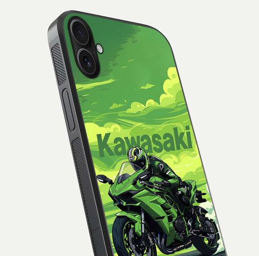Green Kawasaki Glass Case for iPhone 16 Plus close-up angled shot showing sporty line details and reflection shine
