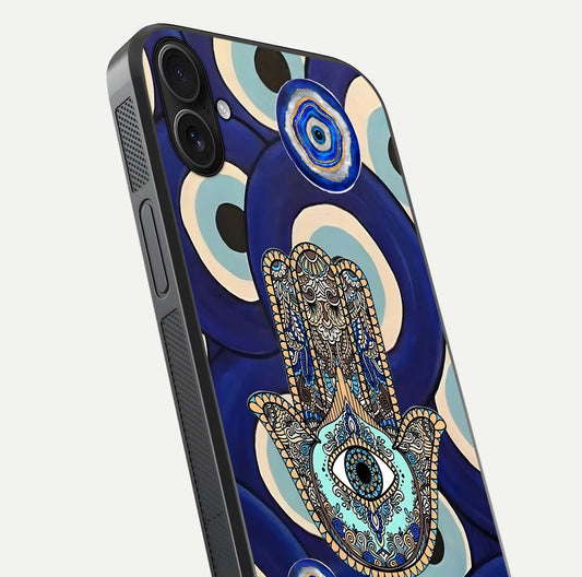 Hamsa Divine Guard Glass Case for iPhone 16 Plus close-up angled shot showing detailed palm motif and reflection glow
