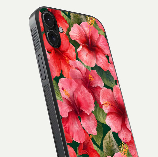 Hibiscus Pattern Glass Case for iPhone 16 Plus close-up angled shot showing flower details and gloss reflection