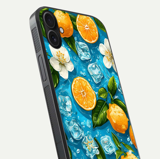 Ice Cube With Orange Glass Case for iPhone 16 Plus close-up angled shot showing orange slices and ice reflections