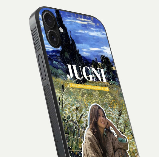 Jugni Soul Vibes Glass Case for iPhone 16 Plus close-up angled shot showing typography detail and vibrant gloss reflection