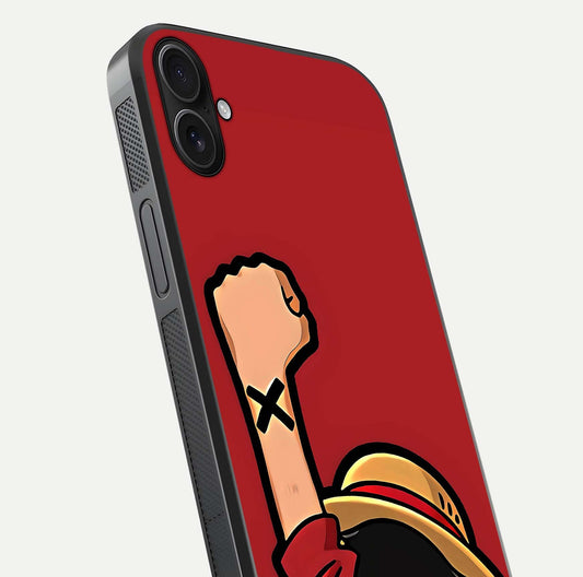 Luffy X Spirit Glass Case for iPhone 16 Plus close-up angled shot showing character detailing and gloss texture