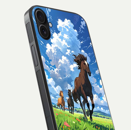 Majestic Horses Galloping Glass Case for iPhone 16 Plus close-up angled shot showing horse motion and reflection