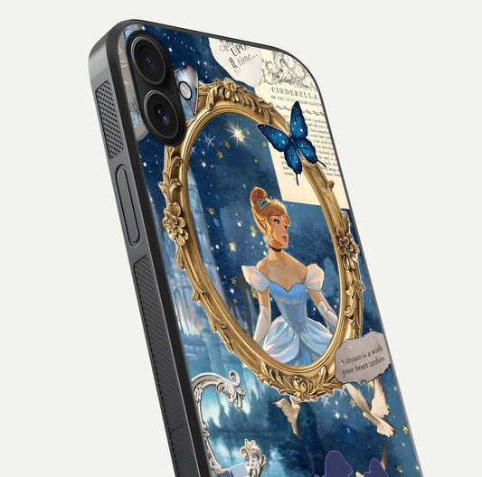 Midnight Queen Glass Case for iPhone 16 Plus close-up angled shot featuring crown motif and gloss reflection