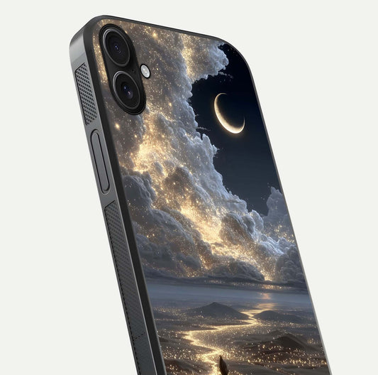 Moonlight Spark Path Glass Case for iPhone 16 Plus close-up angled shot showing glowing stars and reflection
