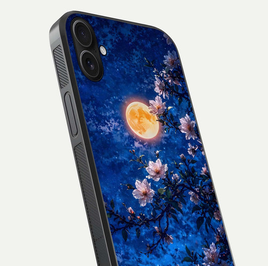 Moonlit Blossoms Night Glass Case for iPhone 16 Plus close-up angled shot showing petal glow and reflection detail