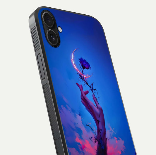 Mystic Hand Glass Case for iPhone 16 Plus close-up angled shot showing spiritual markings and reflection