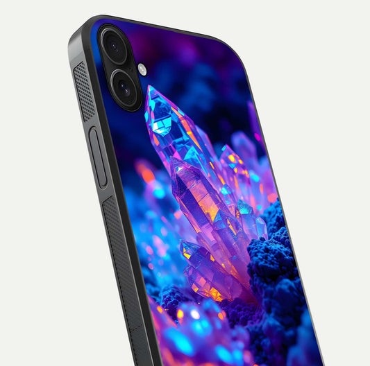 Neon Aura Shards Glass Case for iPhone 16 Plus close-up angled shot highlighting fragment pattern and reflection