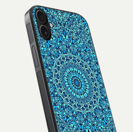 Ocean Bloom Mandala Glass Case for iPhone 16 Plus close-up angled shot highlighting detailed mandala and reflection