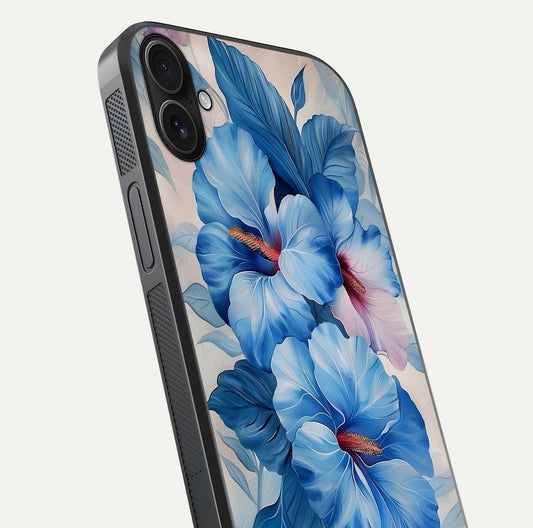 Ocean Hibiscus Grace Glass Case for iPhone 16 Plus close-up angled shot highlighting floral glow and HD shine