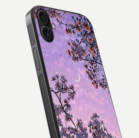 Purple Serenity Moon Glass Case for iPhone 16 Plus close-up angled shot showing reflection and gradient purple hues