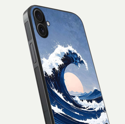 Rising Tide Power Glass Case for iPhone 16 Plus close-up angled shot highlighting water motion and reflection