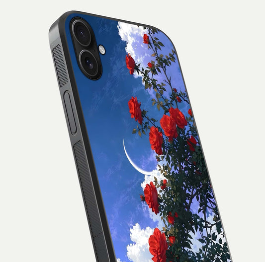 Rose Drift Flowers Glass Case for iPhone 16 Plus close-up angled shot highlighting floral texture and reflection