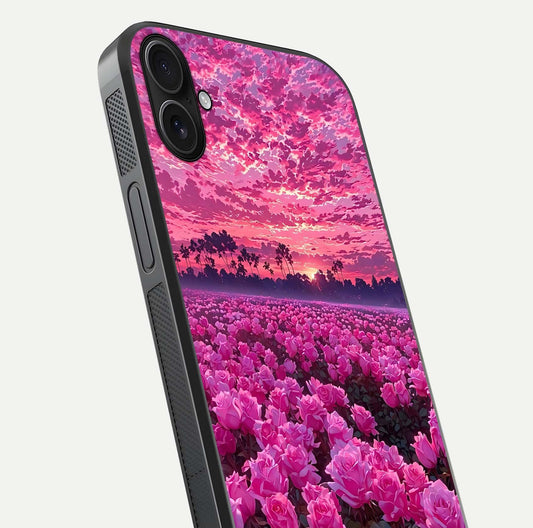 Rose Sunset Valley Glass Case for iPhone 16 Plus close-up angled shot showing rose detailing and golden hues