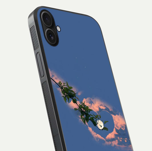 Sky Under Tree Glass Case for iPhone 16 Plus close-up angled shot highlighting detail, color, and reflection