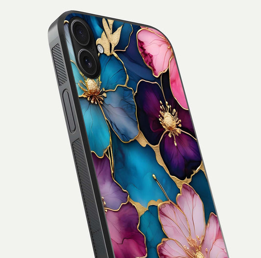 Sparkle Floral Glass Case for iPhone 16 Plus close-up angled shot highlighting shimmer details and reflection