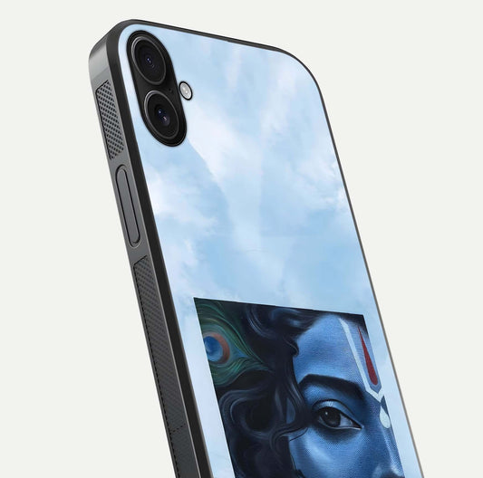 Spiritual Krishna Glass Case for iPhone 16 Plus close-up angled shot showing HD print, color tone, and reflection