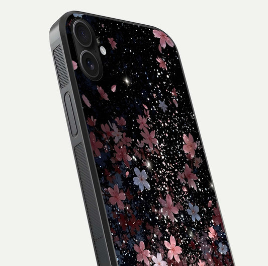 Starlit Flower Dreams Glass Case for iPhone 16 Plus close-up angled shot highlighting petal reflection and HD depth