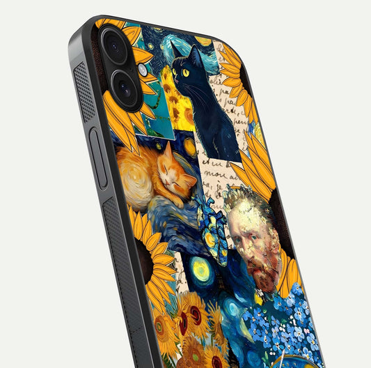Sunflower Cat Art Glass Case for iPhone 16 Plus close-up angled shot highlighting yellow tones and art reflection