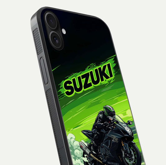 Suzuki Speed Beast Glass Case for iPhone 16 Plus close-up angled shot highlighting bold tones and reflection
