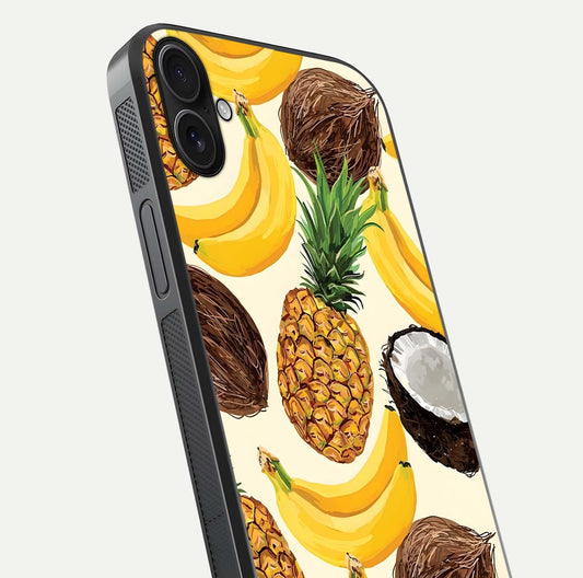 Tropical Fruit Mood Glass Case for iPhone 16 Plus close-up angled shot highlighting fruit texture and reflection