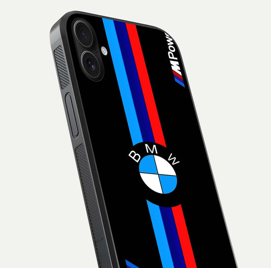 Turbo BMW Beast Glass Case for iPhone 16 Plus close-up angled shot highlighting car detailing and reflection