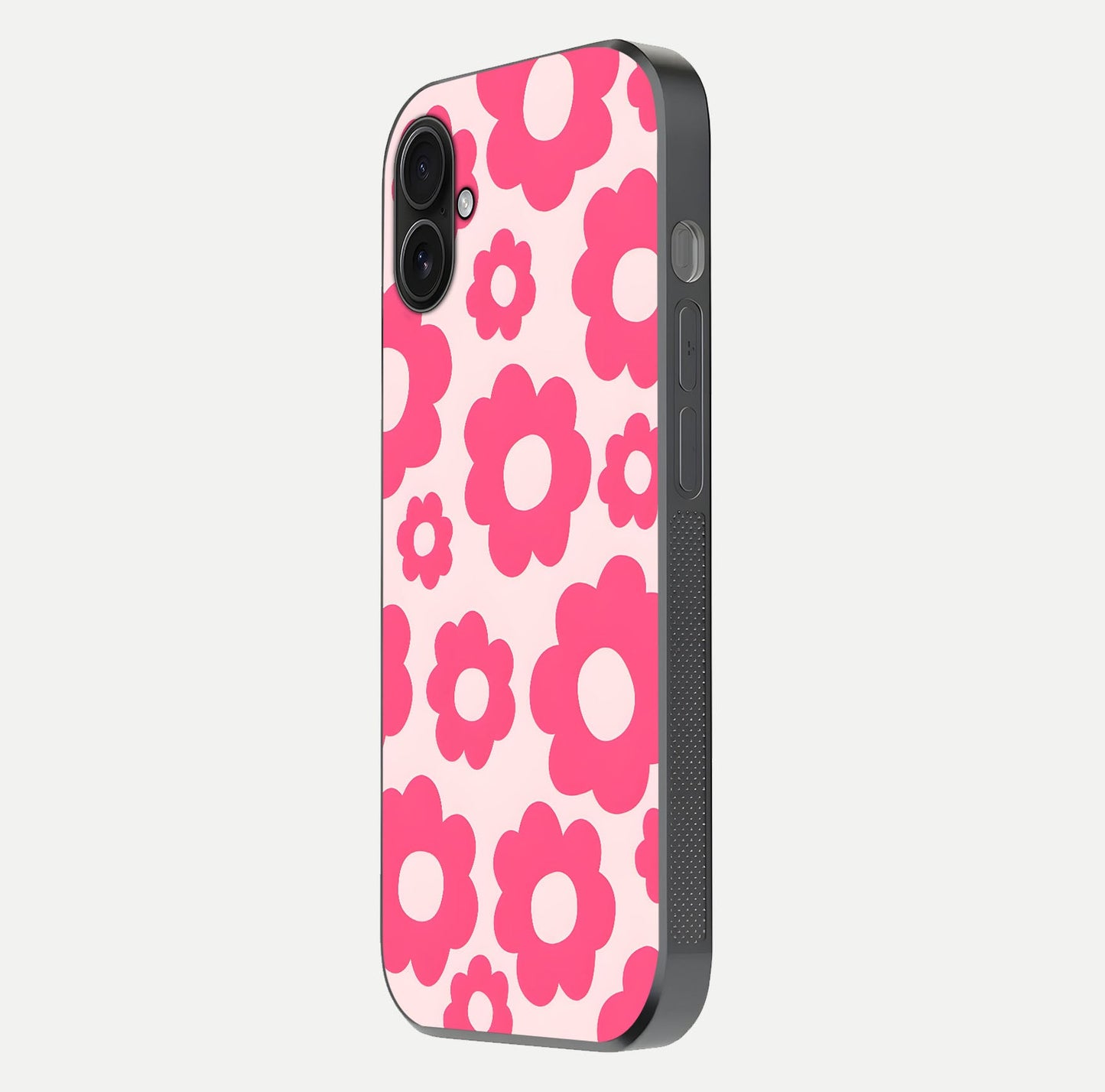 Blush Flower Pop iPhone 16 Plus glass phone case side profile view focusing on clean edges and seamless floral wrap
