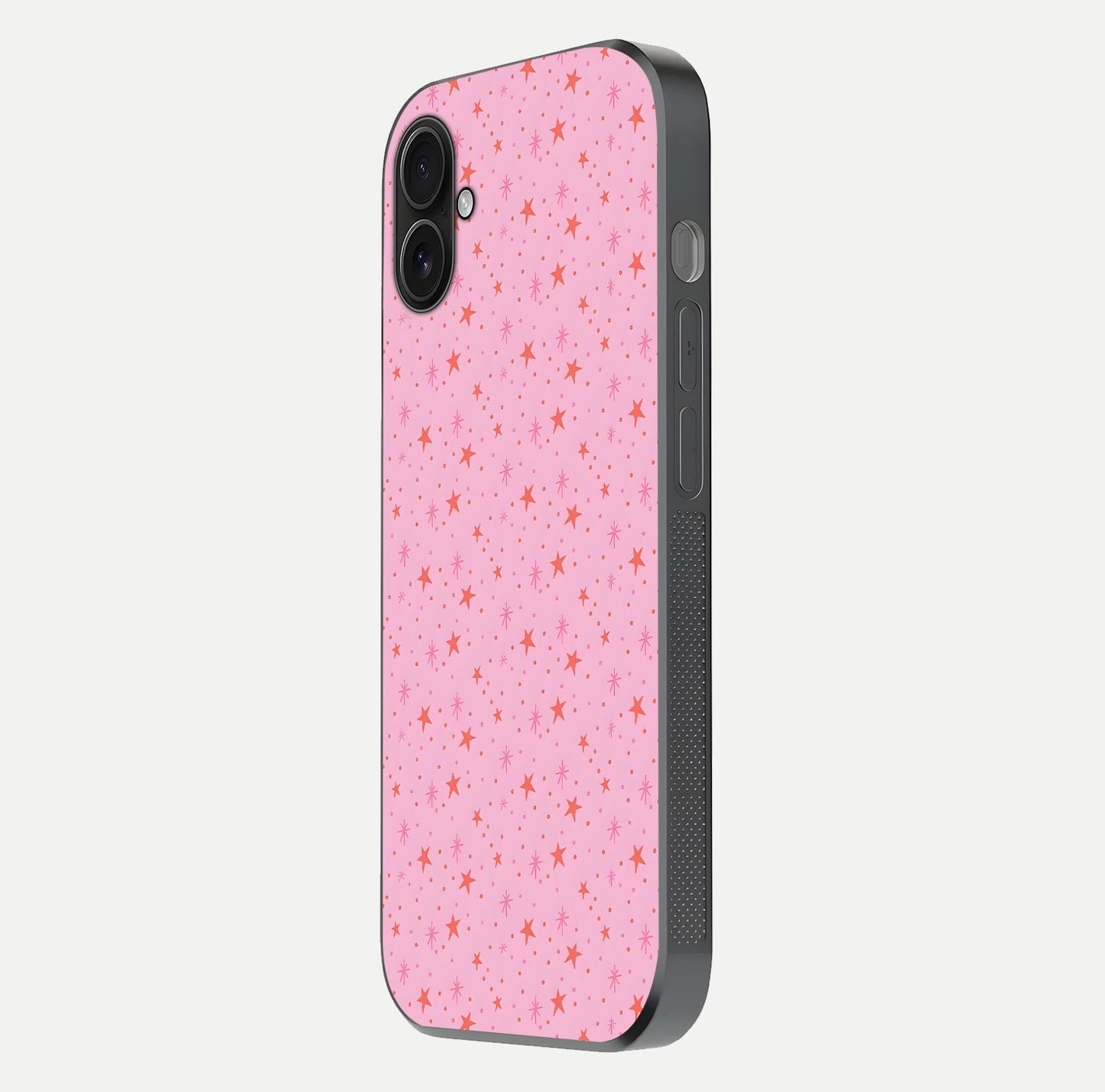 Cosmic Pink Sparkle iPhone 16 Plus glass phone case side profile view focusing on sleek edges and seamless wrap