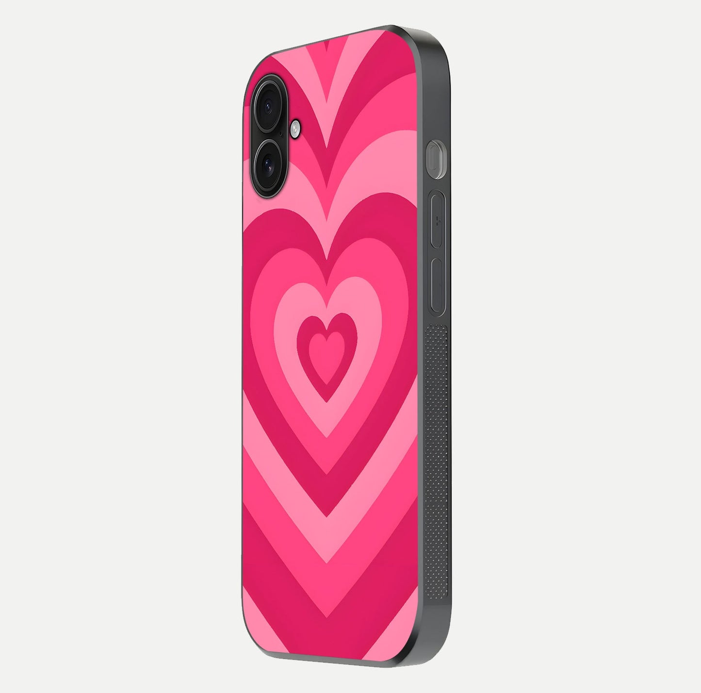 Layered Love Hearts iPhone 16 Plus glass phone case side profile view focusing on sleek edges and seamless wrap