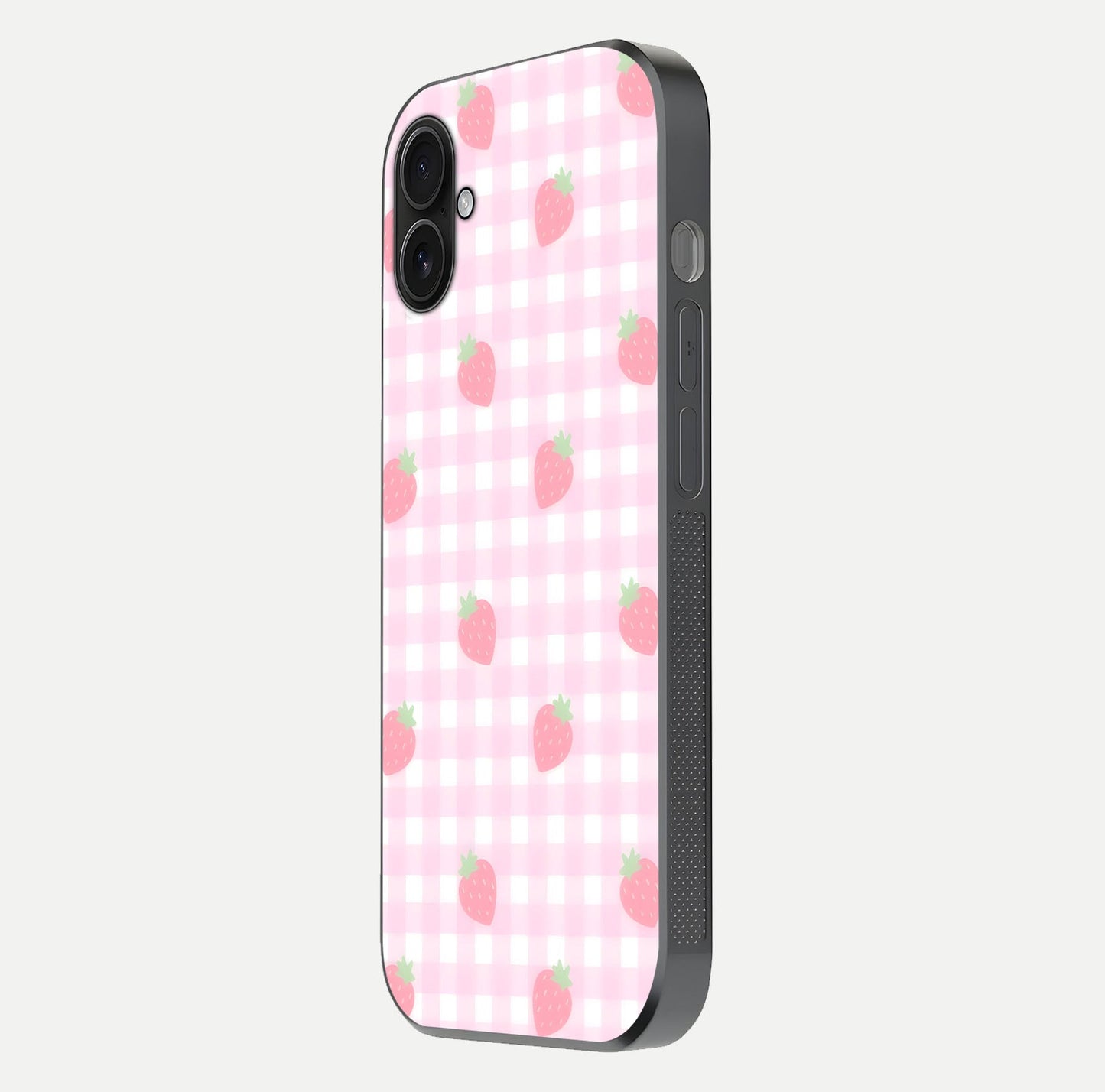 Strawberry Picnic Love iPhone 16 Plus glass phone case side profile view focusing on smooth frame and seamless wrap
