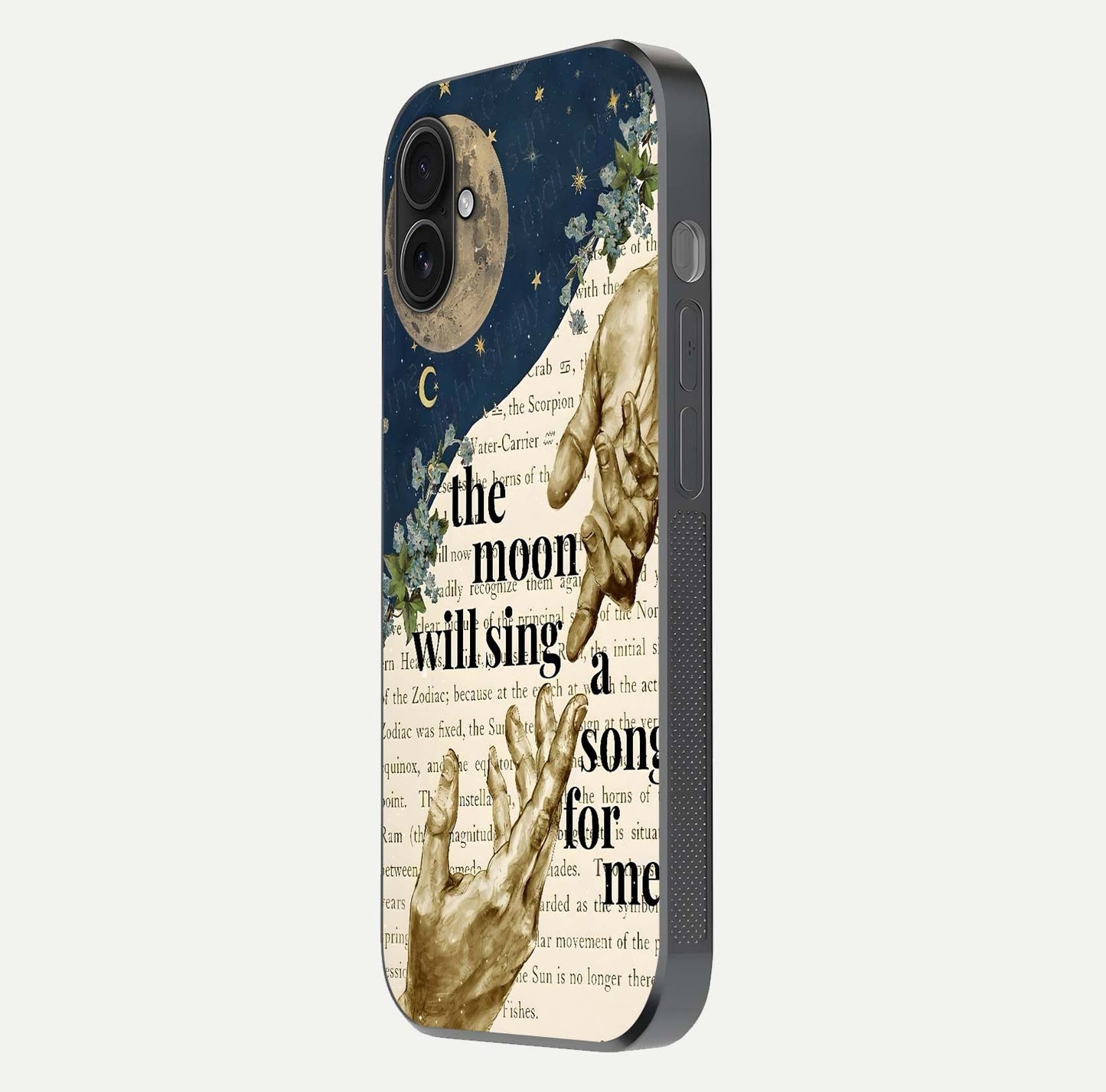 Aesthetic Divine Glass Case for iPhone 16 Plus side-angle image showing divine abstract design, camera module, and glossy finish reflection