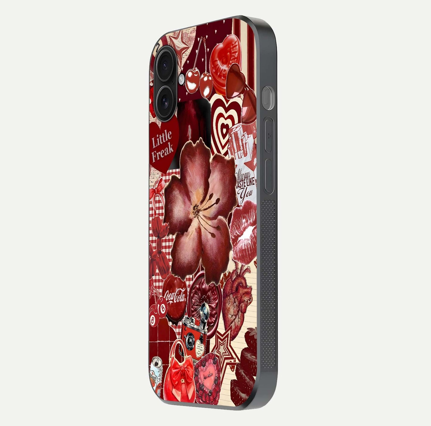 Aesthetic Little Freak Glass Case for iPhone 16 Pro side-angle image showing colorful design, camera module, and glossy finish reflection