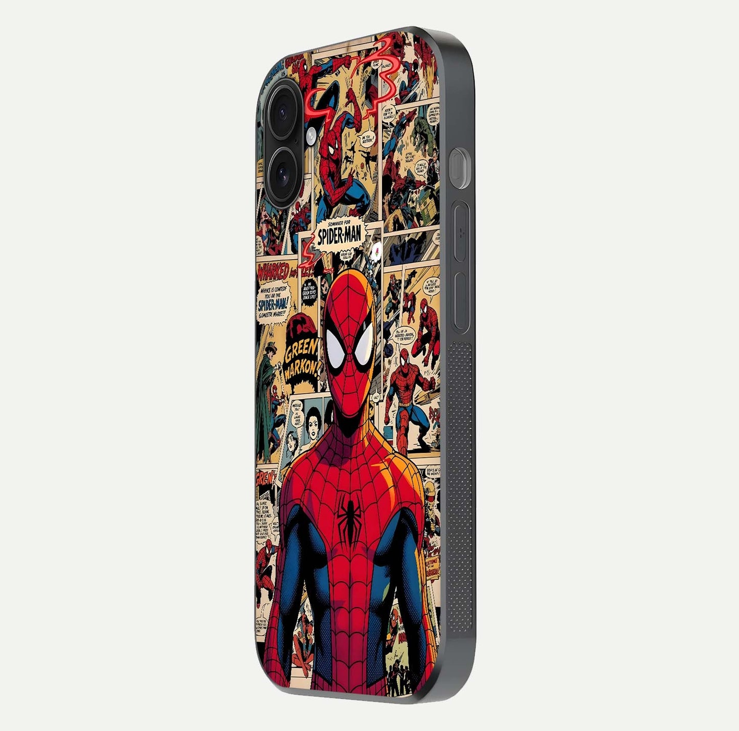 Aesthetic Spider Man Glass Case for iPhone 16 Plus side-angle image showing superhero comic print, camera module, and glossy finish reflection
