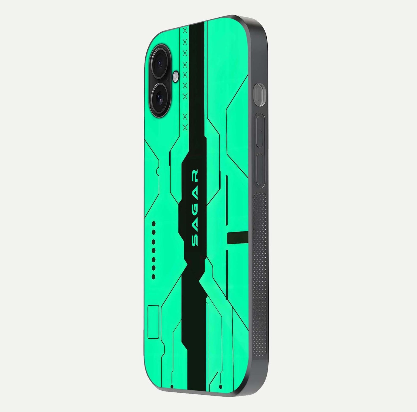 Aqua Tech CYBERPUNK Custom Name Glass Case for iPhone 16 Pro side-angle image with glowing edges and glossy surface