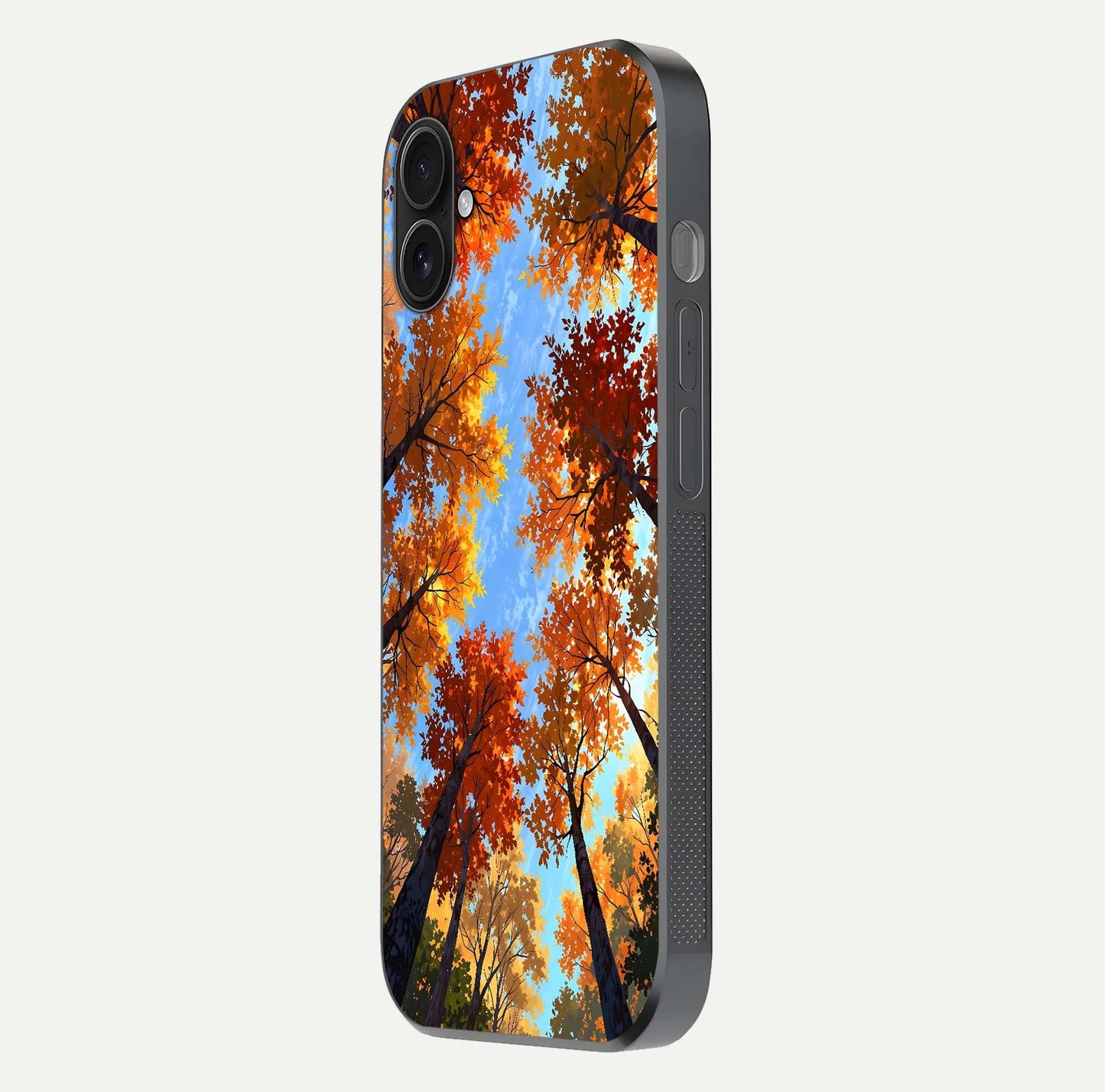 Autumn Sky Rise Glass Case for iPhone 16 Pro side-angle showing autumn art tones and protective corners