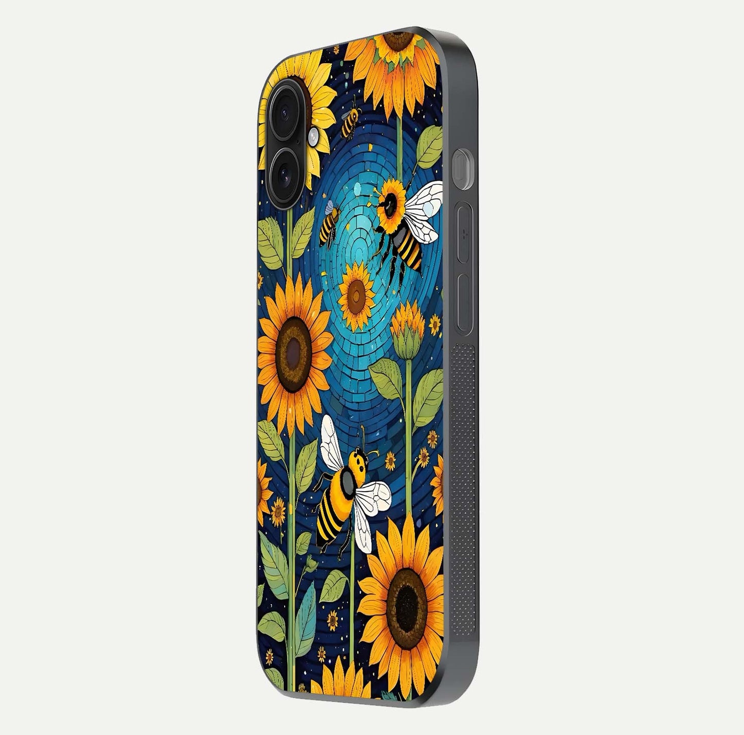 Bees & Sunflowers Glass Case for iPhone 16 Pro side-angle image showing bee pattern alignment and shiny protective surface