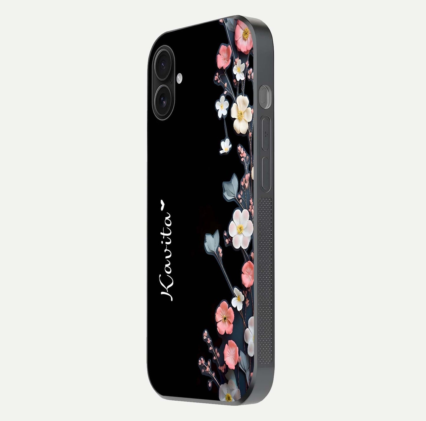 Black Elegance Floral Custom Name Glass Case for iPhone 16 Pro side-angle showing black gloss depth and delicate print texture
