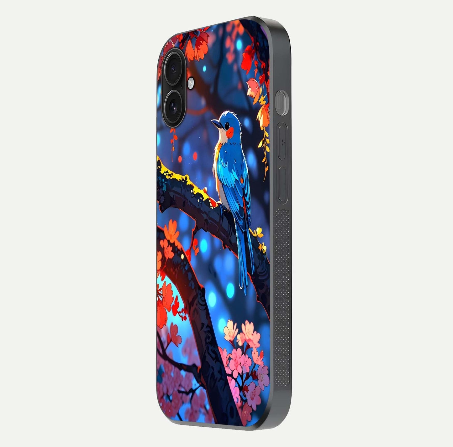 Blooming Spendor Bird Glass Case for iPhone 16 Pro side-angle photo showing floral wings and reflection finish
