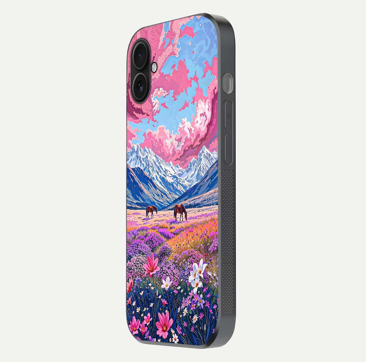 Blossom Valley Dream Glass Case for iPhone 16 Pro side-angle shot showcasing bloom tones and gloss texture