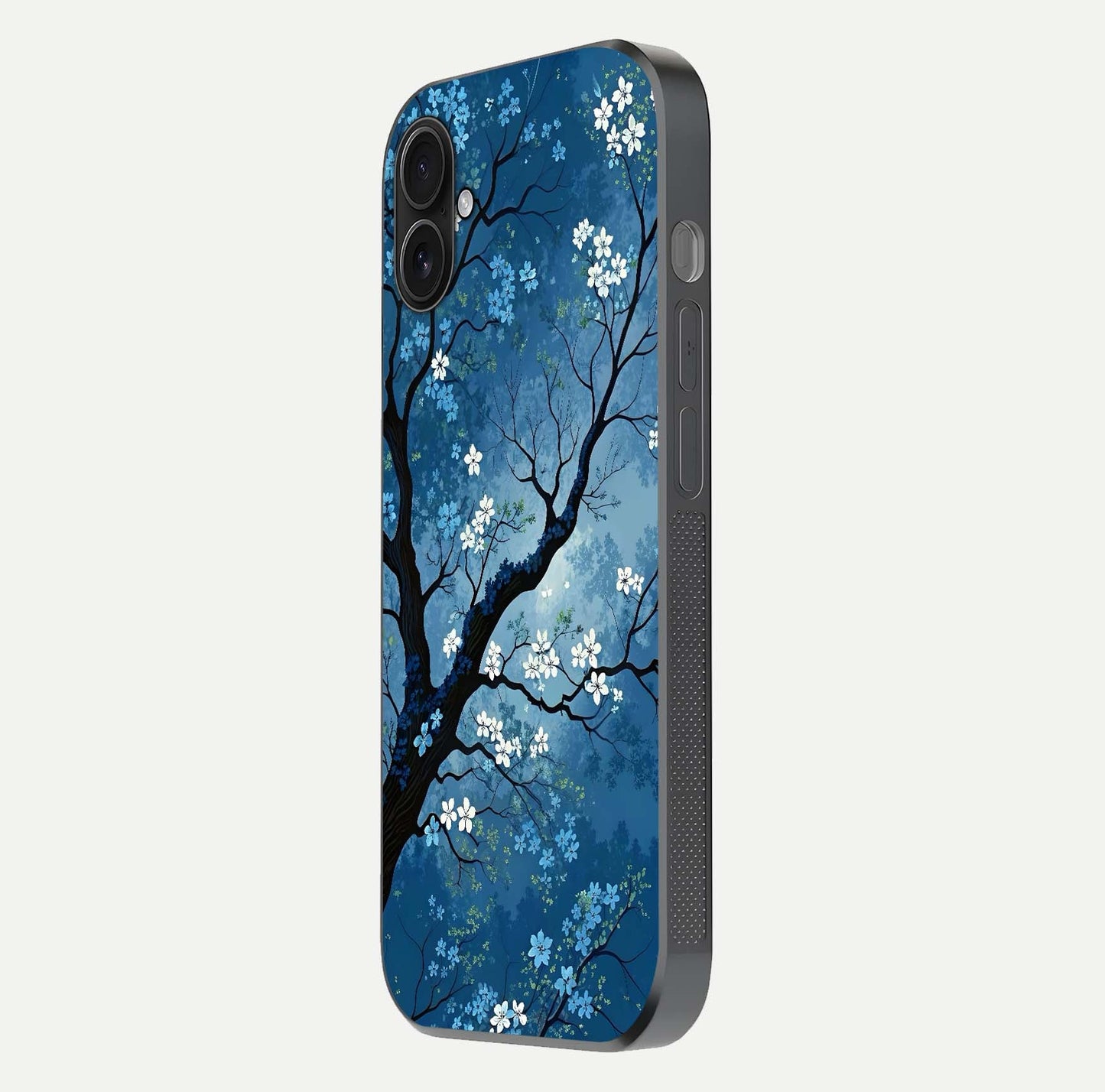 Blue Tree Serenity Glass Case for iPhone 16 Pro side-angle shot showing glossy edge and tree pattern reflection