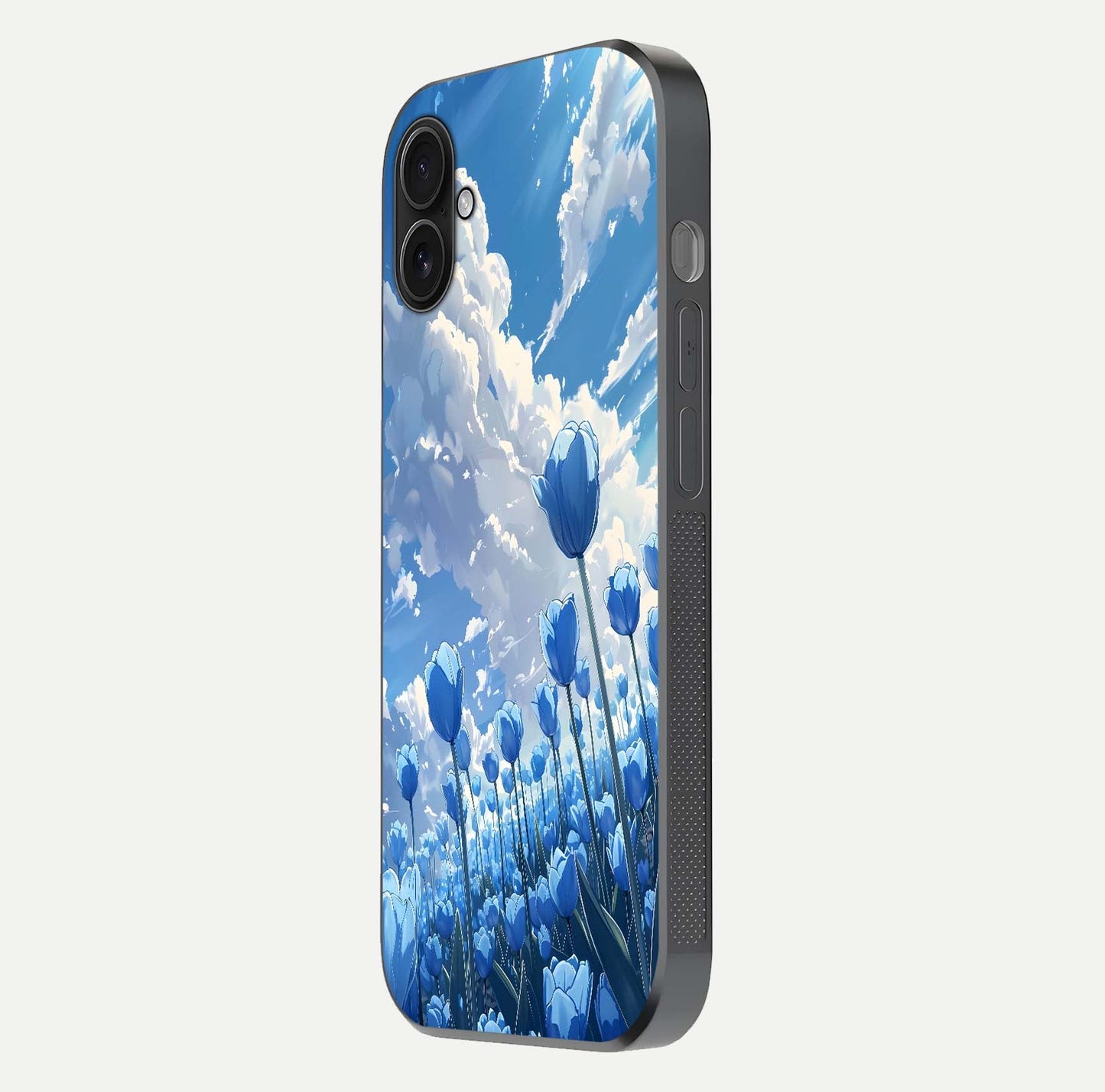 Blue Tulip Clouds Glass Case for iPhone 16 Plus side-angle image showing edge curve and flower reflection glow