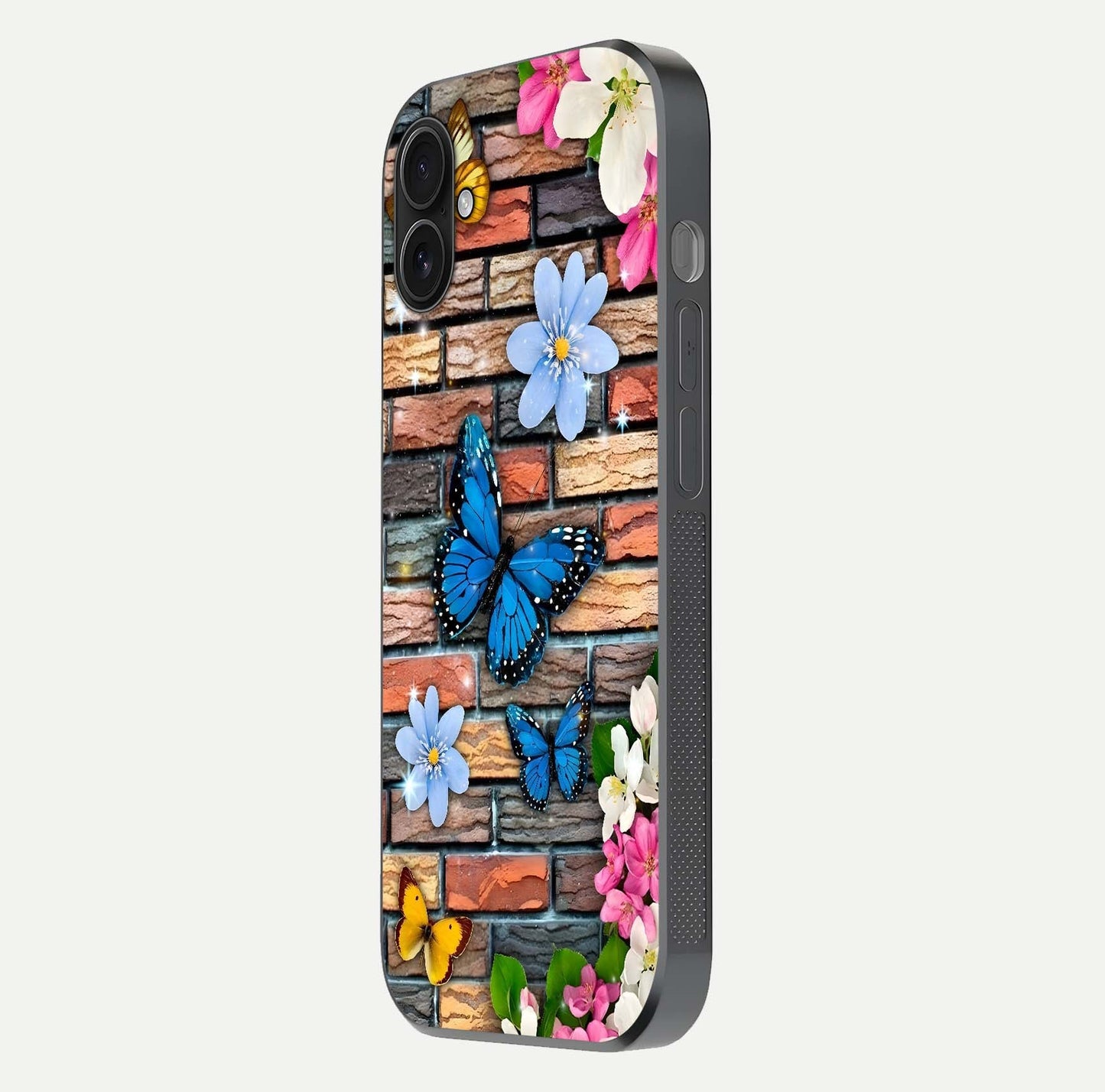 Brick Bloom Flight Glass Case for iPhone 16 Plus side-angle photo showing curve shine and detailed petal contrast