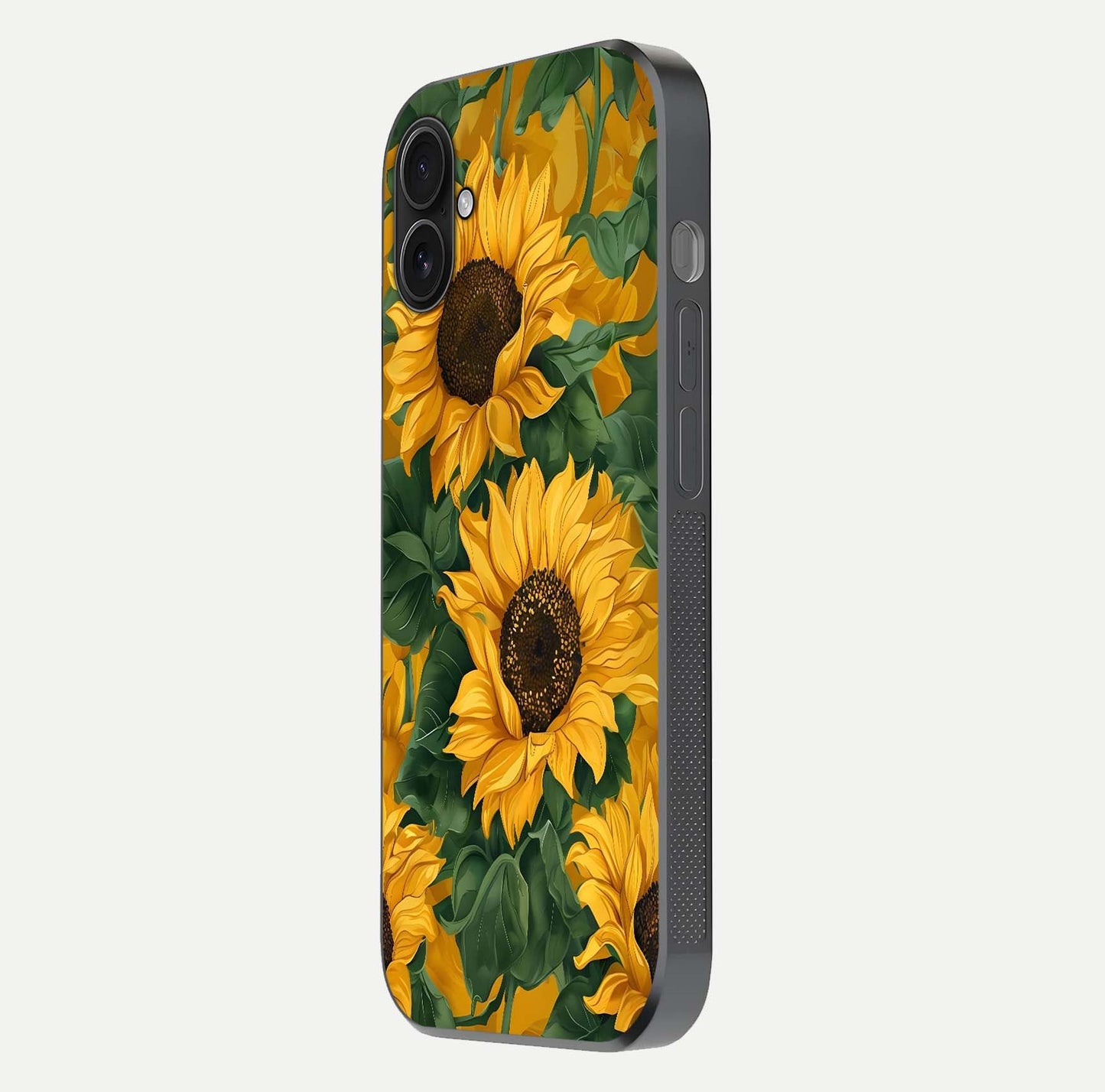 Bright Sunflower Bloom Glass Case for iPhone 16 Plus side-angle image showing shine texture and detailed bloom