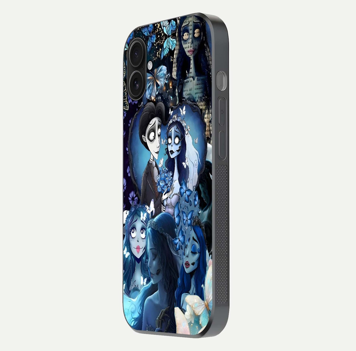Butterfly Ghost Soul Glass Case for iPhone 16 Plus side-angle image capturing edge light and deep design tones